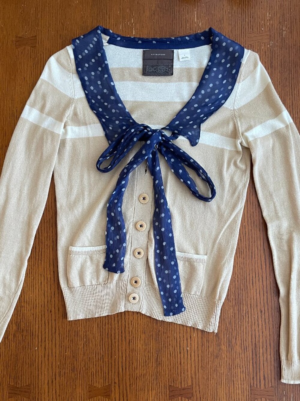 Anthropologie Guinevere Pattern Ponder Bow Tan Cardigan Small Y2K Polkadot Retro